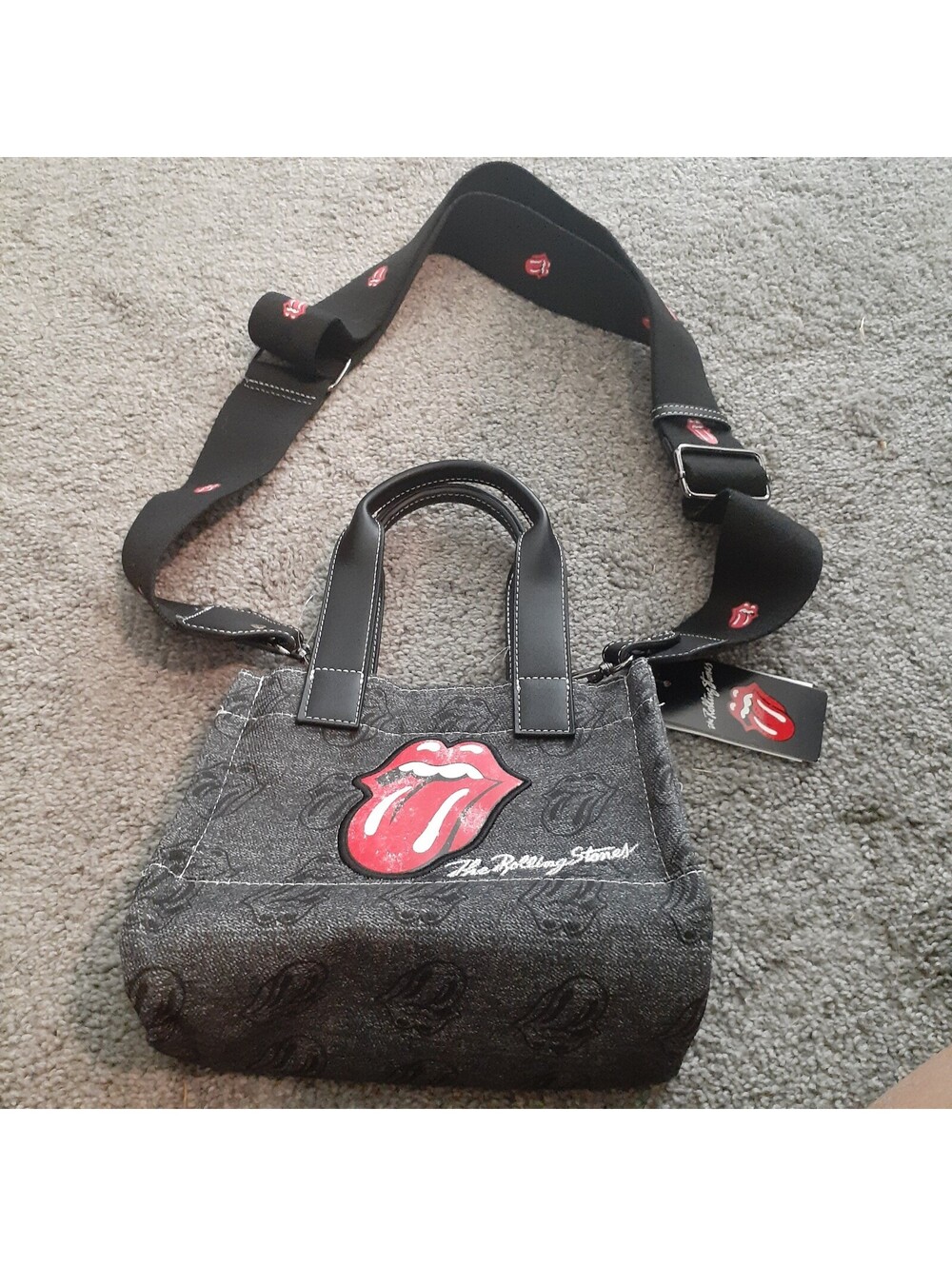 The Rolling Stones Black Denim and Faux Leather Crossbody Tote Bag
